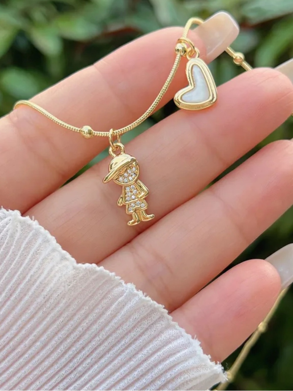 Gold Heart & Boys Charm Necklace - White Inlay